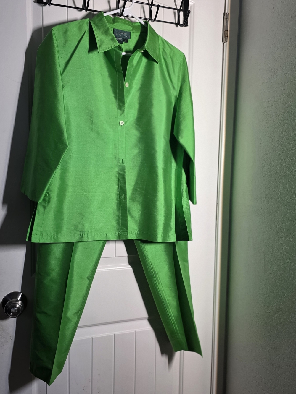 Ralph Lauren Bright Green 100% Silk Two-Piece Pantsuit